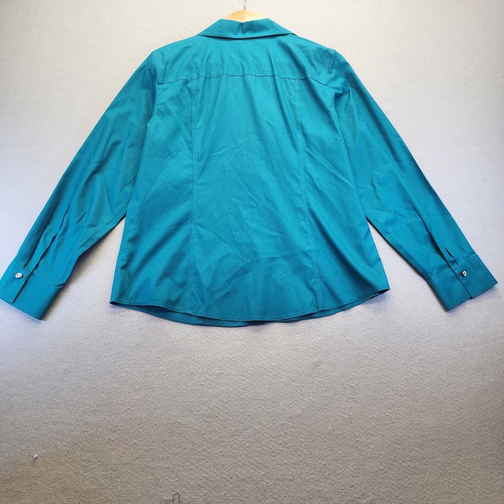 Chicos No Iron Teal Blue Button Down Shirt Rhinestone Crystal Buttons Size 1 M - Picture 8 of 13